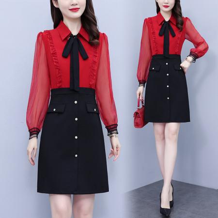 RM32999#大码女装连衣裙胖妹妹通勤淑女雪纺长袖显瘦衬衫裙