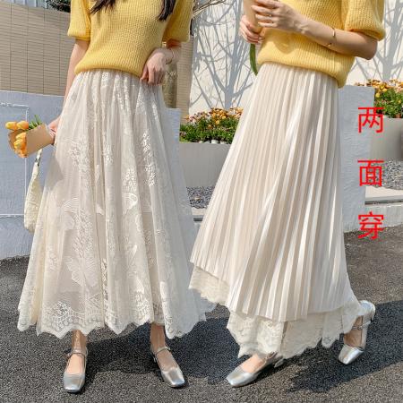 RM33002#重工蕾丝半身裙女  新款高腰百褶裙两面穿大摆伞裙a字长裙