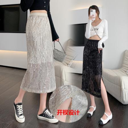 RM33005#亮片半身裙女高腰显瘦百搭开叉长裙一步裙夏设计感小众高级感裙子