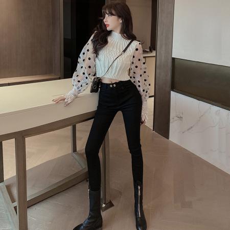 RM33019#女装针织拼接波点网纱上衣+时尚小脚裤两件套装