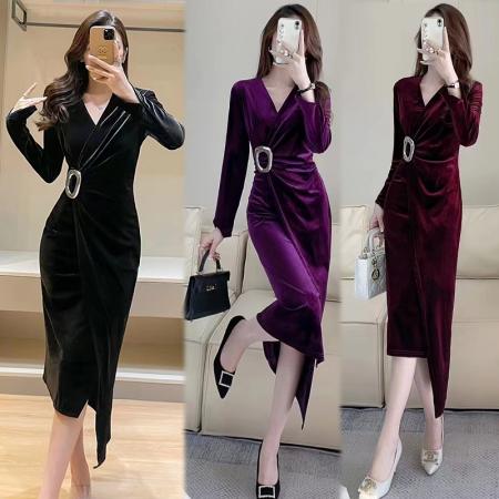 RM33021#金丝绒连衣裙子女装 新款长袖高端时尚气质打底中长裙