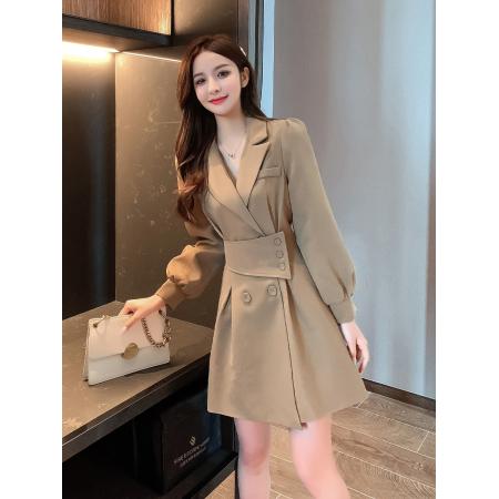 RM33037#新款双排扣收腰设计感西装领风衣外套连衣裙女
