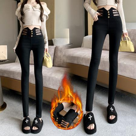 RM33046#高弹洗水排扣紧身高腰小脚裤女显瘦小脚裤子