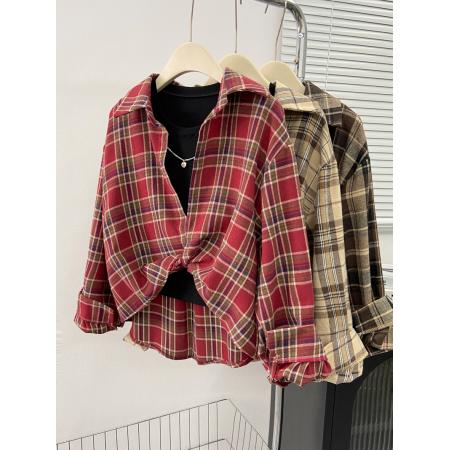 RM33047#新款十三行行女装长袖扭结复古格子衬衫女背心俩件套