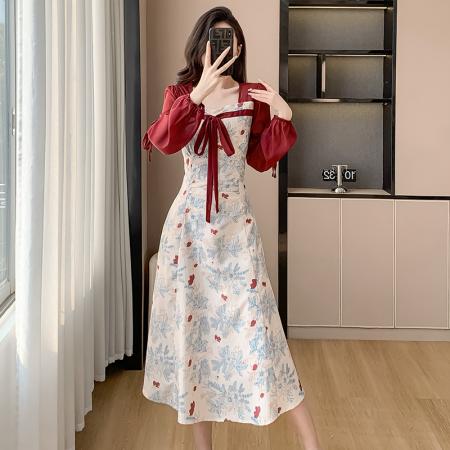 RM33049#新中式轻国风碎花方领连衣裙女春秋季改良汉服泡泡袖裙子