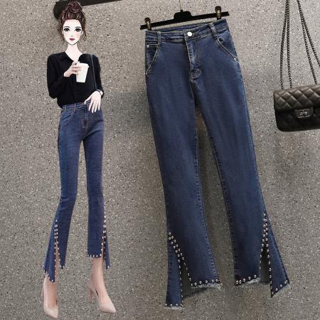 RM33051#大码女装 新款显瘦钉珠开叉牛仔裤不规则九分喇叭裤