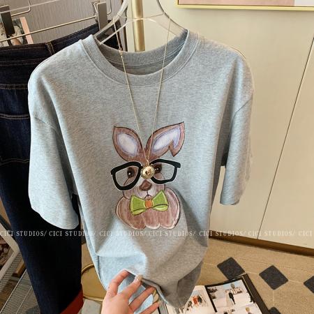 RM33060#夏季新款休闲兔子印花简约宽松百搭短袖T恤女上衣