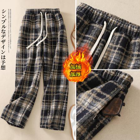 RM33063#毛呢加绒格子裤女秋冬棉裤高腰复古休闲裤直筒拖地显瘦阔腿裤