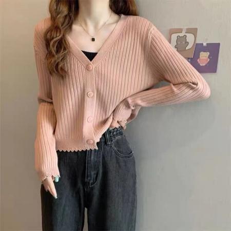 RM33069#V领针织开衫女秋冬新款修身小众设计感百搭短款打底长袖上衣外套