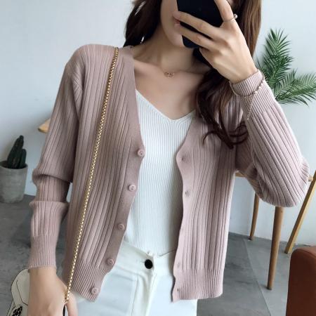 RM33074#针织开衫女薄款宽松慵懒 新款短款外搭长袖v领毛衣小外套