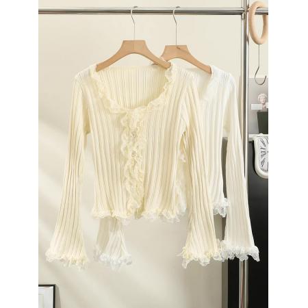 RM33075#美拉德棕色毛衣打底衫女 皮草内搭蕾丝针织衫方领雪纺拼接上衣