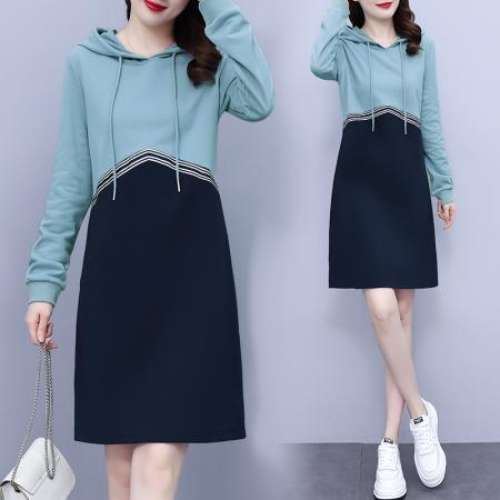 RM33080#新款大码女装时尚织带撞色拼接舒适连帽胖MM连衣裙