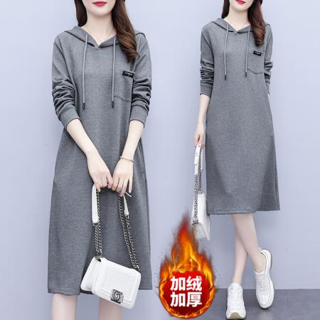 RM33082#休闲连帽卫衣裙 新款胖MM舒适抽绳口袋设计连衣裙