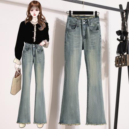 RM33084#复古高级水泥灰微喇牛仔裤女高腰 新款紧身显瘦拖地喇叭裤