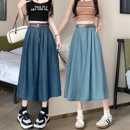 RM33088#简约百搭个性橘红腰带半松紧牛仔中长大摆裙伞裙宽松型