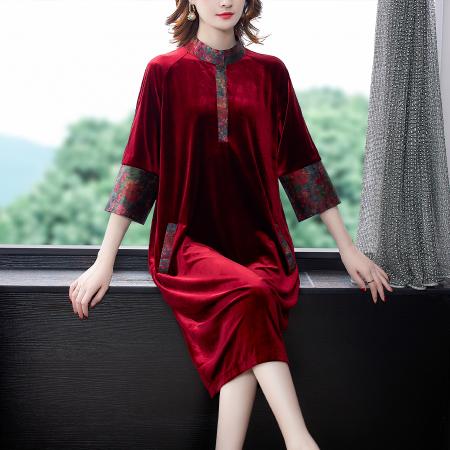 RM33108#新款中老年女装丝绒裙子丈母娘改良旗袍大码唐装连衣裙