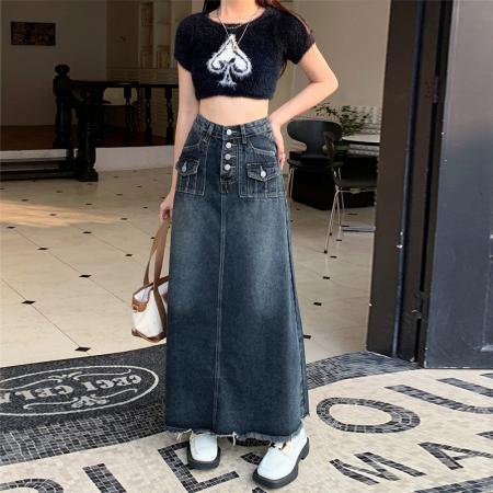 RM33120#大码胖mm设计感高腰牛仔半身裙女夏新款韩版宽松显瘦复古A字长裙