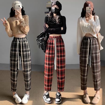 RM33122#格子休闲裤女2024春季新款抽绳宽松百搭萝卜小脚裤哈伦奶奶裤
