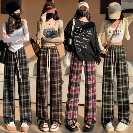 RM33123#复古格子阔腿裤女2024春季新款显瘦宽松休闲垂感直筒拖地裤子