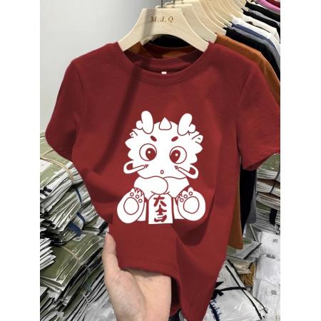 RM33131#包肩包领酒红色美式复古短袖t恤早春新款修身显瘦洋气减龄上衣