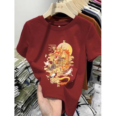 RM33133#包肩包领酒红色美式复古短袖t恤早春新款修身显瘦洋气减龄上衣