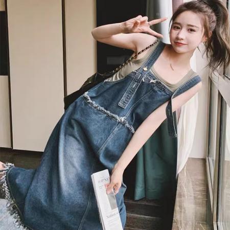 RM33139#大码胖mm设计感减龄牛仔背带裙女春秋新款宽松韩版显瘦流苏连衣裙