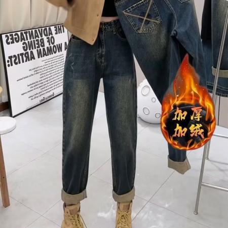 RM33142#复古设计感哈伦牛仔裤女秋冬季加绒厚高腰宽松显瘦九分萝卜老爹裤
