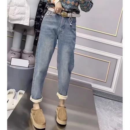 RM33143#大码女装 新款高腰弹力哈伦牛仔裤胖妹妹mm冬季加绒显瘦老爹裤
