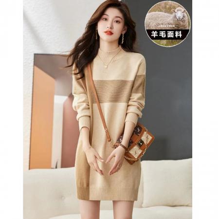 RM33153#半高领羊绒衫女中长款连衣裙秋冬季新款拼色时尚小个子羊毛衣裙子
