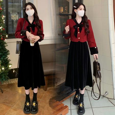 RM33156#大码女装新款胖妹妹小香风拼接丝绒假两件显瘦连衣裙
