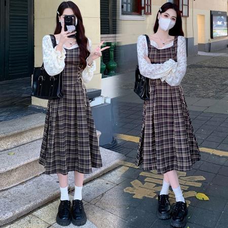 RM33161#大码女装2024早春新款韩版减龄格纹拼接假两件绑带显瘦连衣裙