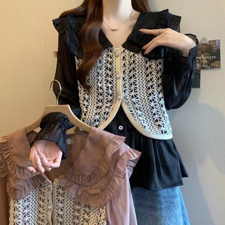 RM33163#大码女装2024初春新款胖mm减龄娃娃领编织假两件马甲拼接上衣