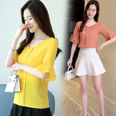 RM33176#新款雪纺衫短袖韩版v领小衫百搭超仙气质上衣