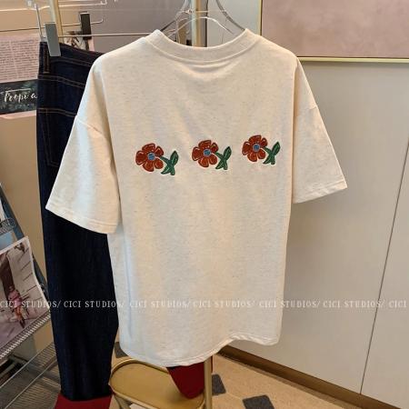 RM33182#夏季新款休闲玫瑰花印花简约宽松百搭短袖T恤女上衣