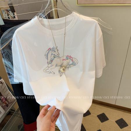RM33183#夏季新款白马印花简约宽松百搭短袖T恤女上衣