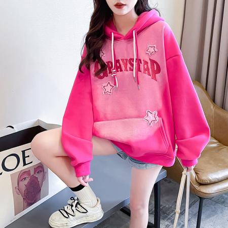 RM33189#韩版宽松华棉复合连帽字母刺绣大码薄款卫衣女