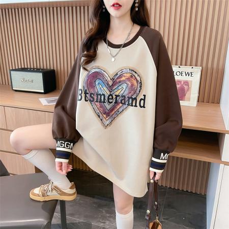 RM33193#新款 宽松双面德绒圆领拼接长袖打底衫T恤女