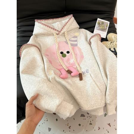 RM33194#韩版宽松华棉复合连帽卡通刺绣中长款大码加绒卫衣女