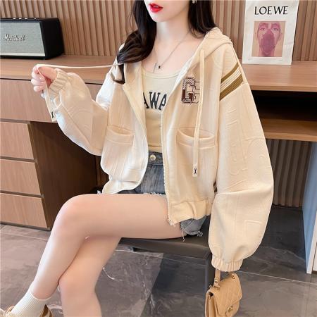 RM33210#仿棉提花不勾纱韩版短款开衫拉链连帽卫衣外套女