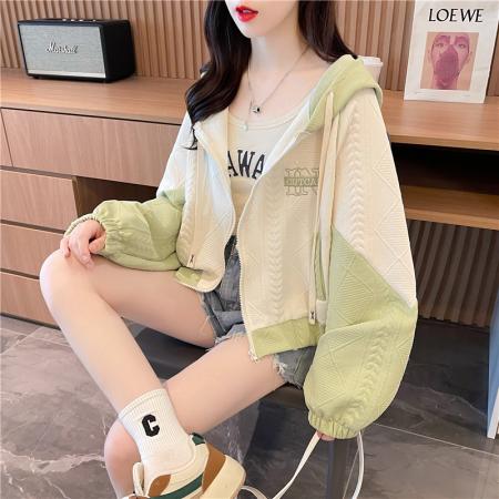 RM33211#仿棉提花不勾纱韩版短款开衫拉链连帽卫衣外套女