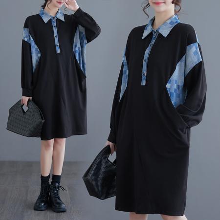 RM33226#春夏新款大码女装拼接连衣裙休闲范宽松显瘦中长款衬衣裙子