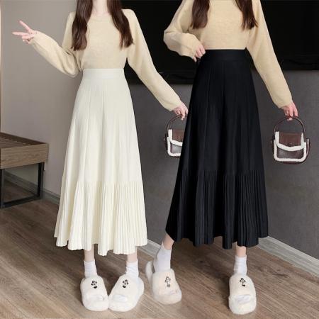 RM33235#新款复古针织半身裙女2023秋冬毛线简约中长款压褶高腰a字裙