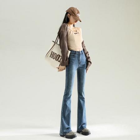 RY2708#高腰显瘦修身微喇叭裤直筒裤牛仔裤女春夏设计感长裤女