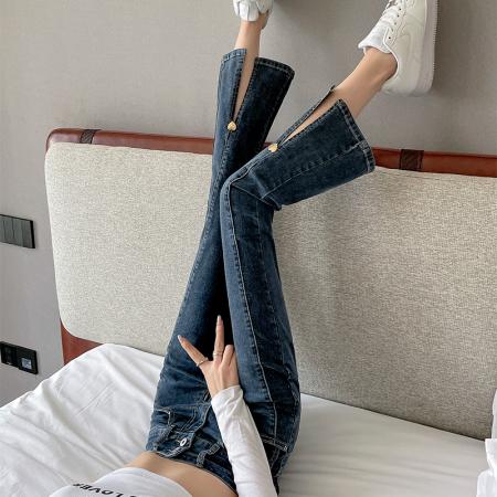 RM33242#微喇牛仔裤女开叉八分小个子秋季2024年春夏新款高腰九分喇叭裤子