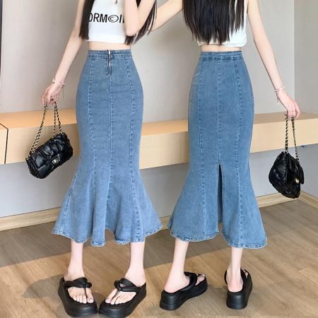 RM33257#牛仔包臀裙女春2024高腰A字裙超修身鱼尾裙中长款半身裙夏季