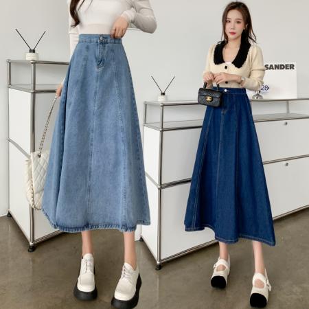 RM33258#韩版百搭牛仔裙女高腰A字裙半身裙宽松型大摆长裙