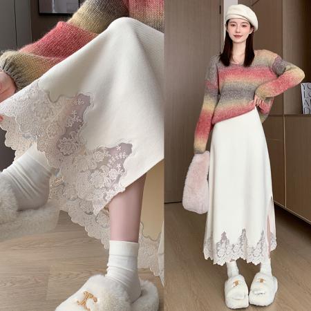 RM33259#加厚花边针织半身裙女冬季长裙新款高腰开叉A字裙修身包臀裙