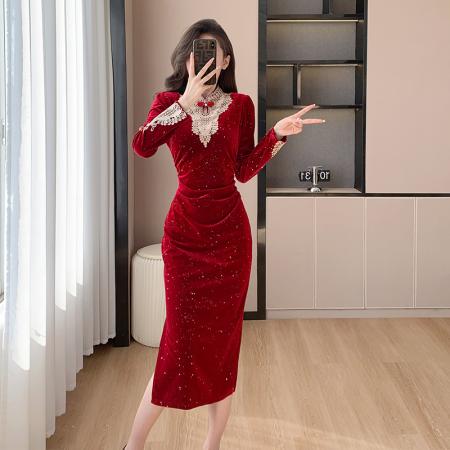 RM33266#独特超好看法式丝绒裙公主连衣裙女 新款春年会战袍5991