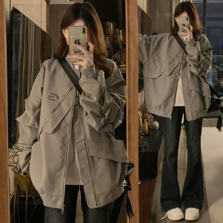 RM33270#铁标设计感小众飞行服夹克外套女棒球服工装上衣情侣装
