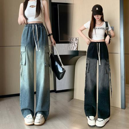 RM33278#渐变工装牛仔裤女 新款百搭时尚高腰显瘦休闲阔腿长裤